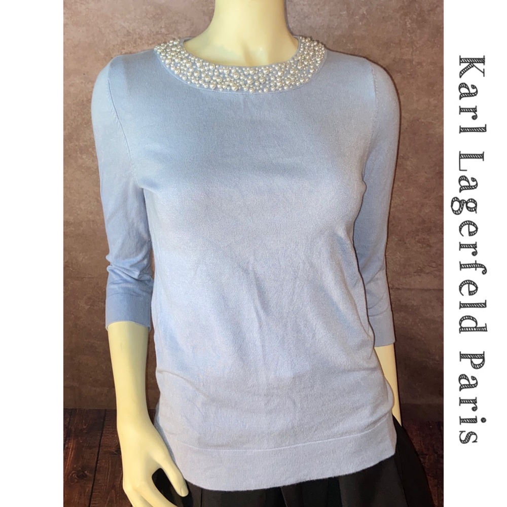 Karl Lagerfeld Paris-Pearl neck 3/4 sleeve sweater-blue-women’s size SP-EUC!!